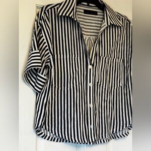 Zara Navy and White Striped Linen Blouse